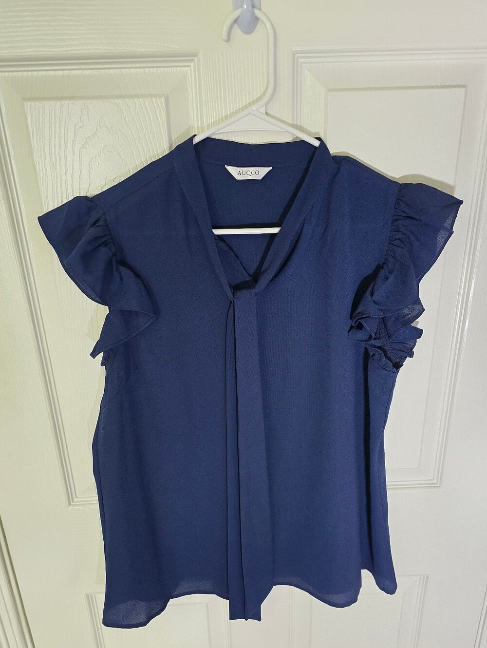 Womens Flutter Sleeve Navy Blue Casual Tie Neck Blouse Large